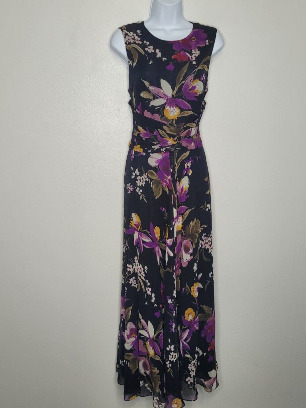 Adrianna Papell 100% silk black purple floral maxi  flowy wedding guest dress 12